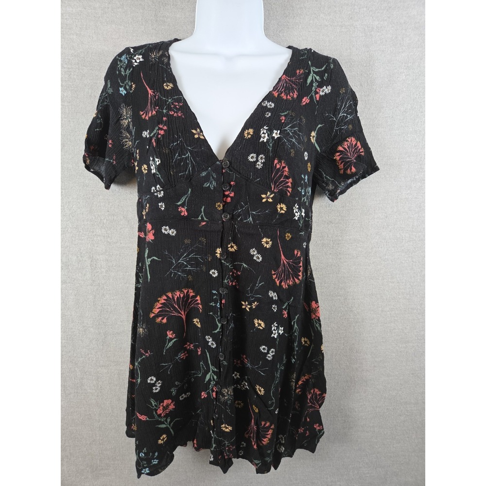 Forever 21 Mini Dress L Black Floral Flowy Whimsigoth Vamp‎ Festival Fairy Y2K